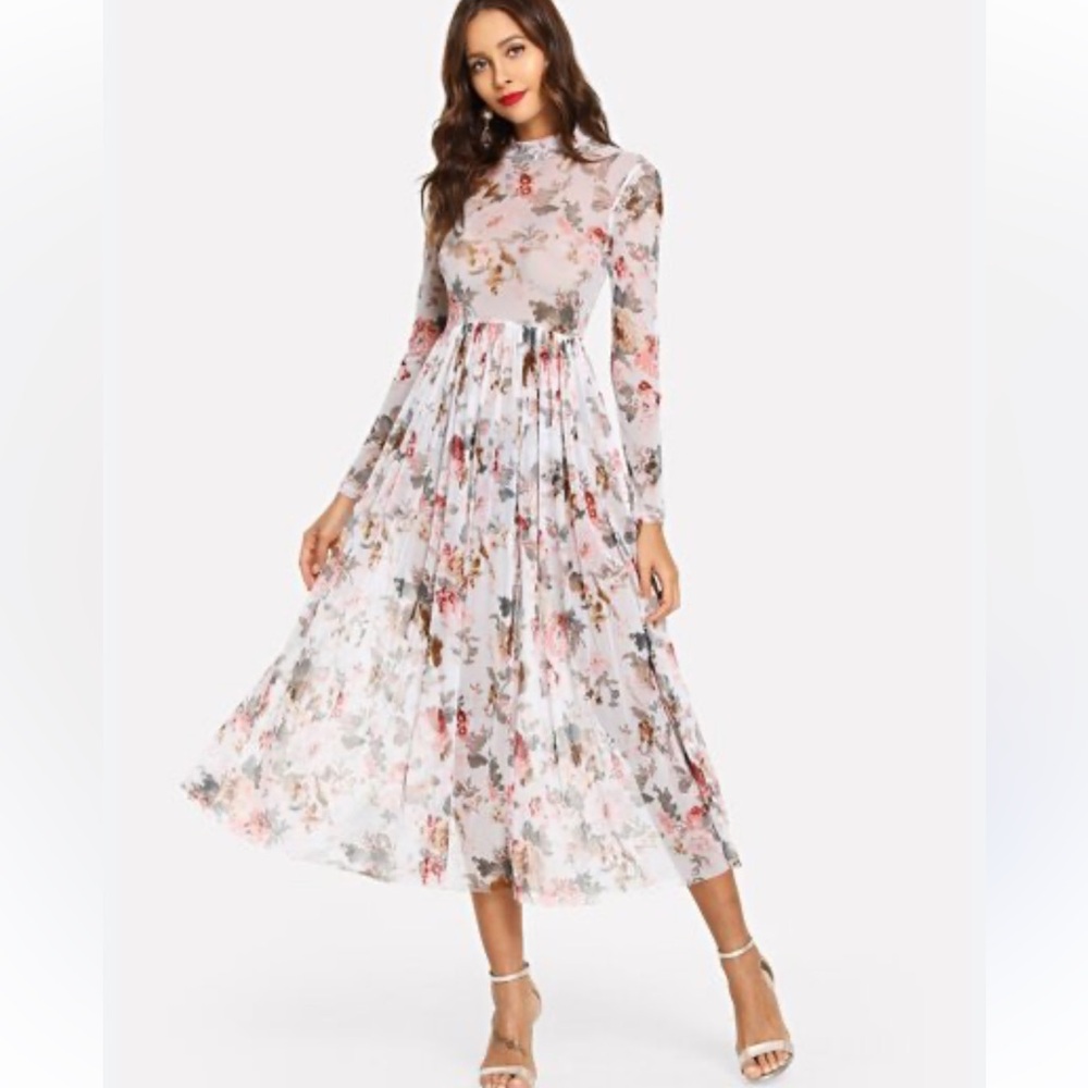 Sheer flowered see through dress long sleeve Small